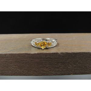 Size 6 Sterling Silver Triple Heart Citrine And Diamond Accent Band Ring Vintage